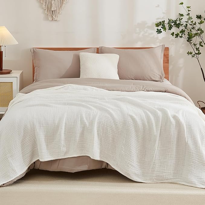 EMME Muslin Blankets for Adults Throw Blanket for Couch Breathable Gauze Soft Lightweight Airy White Queen 90" x 90"