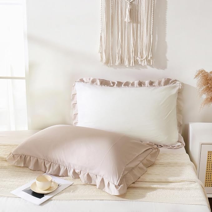 Merryword Beige Pillow Ruffled Shams White and Beige Reversible Standard Pillowcases Cute Pillow Cover Set of 2 Soft Shabby Chic Pillowcases 2 Pack (Queen (20''x30''), White Beige)