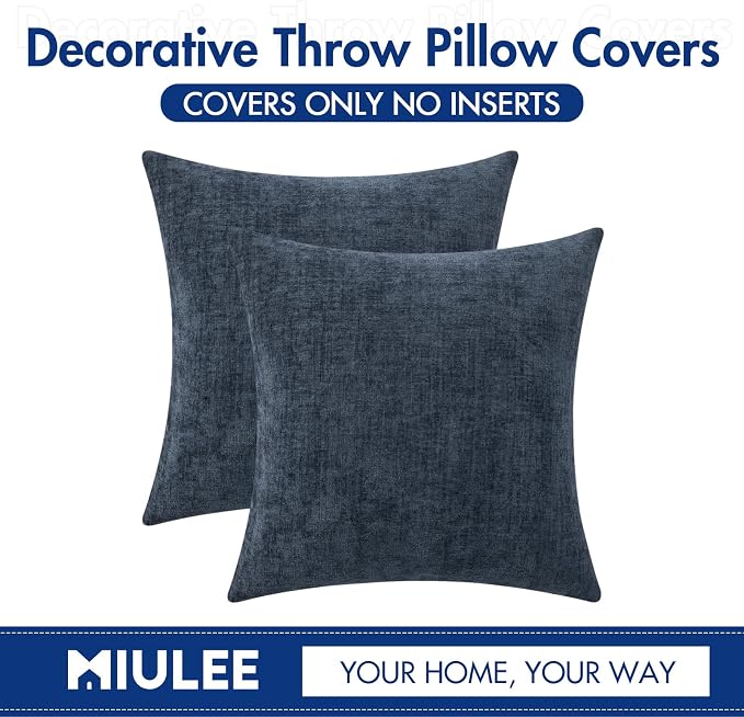 MIULEE Soft Chenille Throw Pillow Covers Dark Navy 20x20 Inch Pack of 2 | Modern Coastal Home Decor, Classic Decorative Pillows, Solid Dyed Cases, Boho Couch Cushion Covers for Sofa Bed Living Room