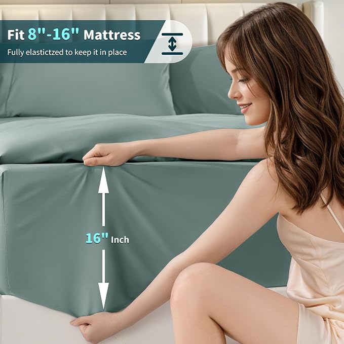 LBRO2M 100% Egyptian Cotton Sheets 1200 TC, Deep Pocket 16", 4Pcs, Full | Long Staple Cotton Bed Sheets, Extra Soft and Breathable Sheets, Cozy for All Seasons, Sage Green