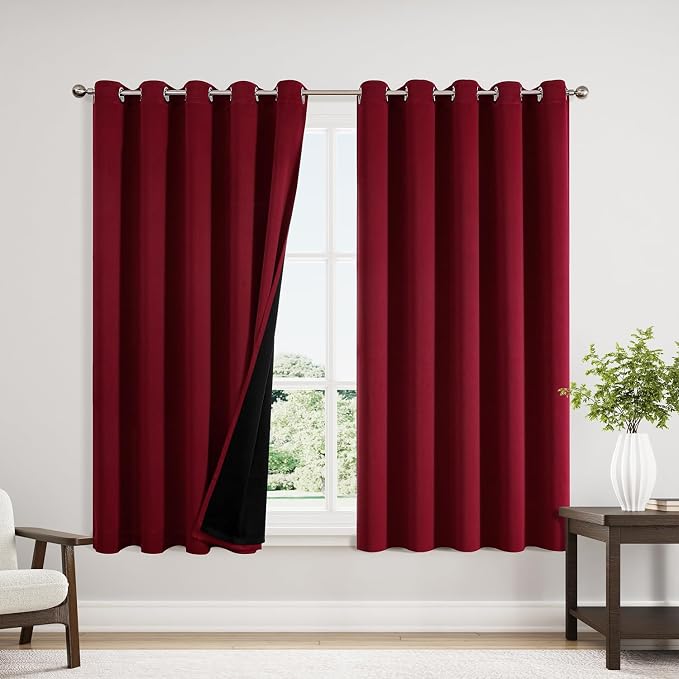 ChrisDowa 100% Blackout Curtains for Bedroom 63 Inches Long 2 Panels Set | 2 Thick Layers, Thermal Insulated, Light Blocking, Grommet, Window Treatment, Living Room Drapes, Burgundy, 60 x 63 Inch