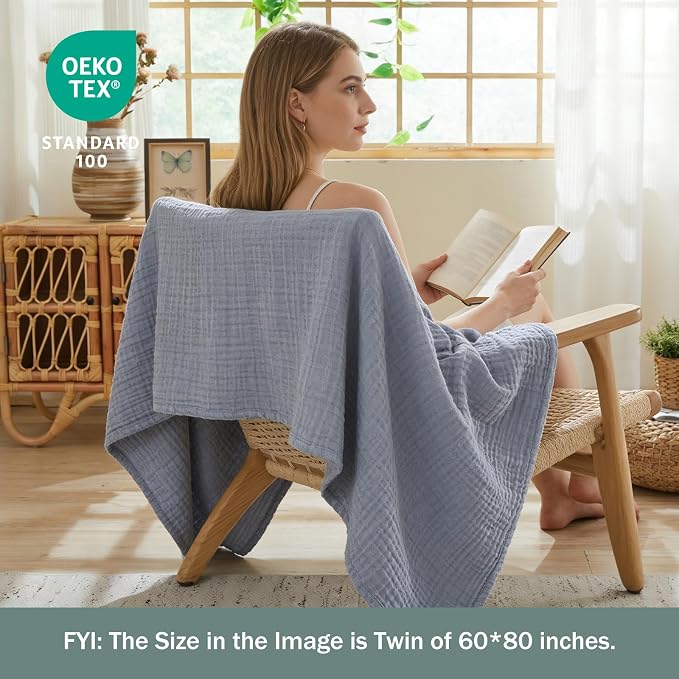 EMME Muslin Blankets for Adults Throw Blanket for Couch Breathable Gauze Soft Lightweight Airy Dusty Blue Twin 60" x 80"