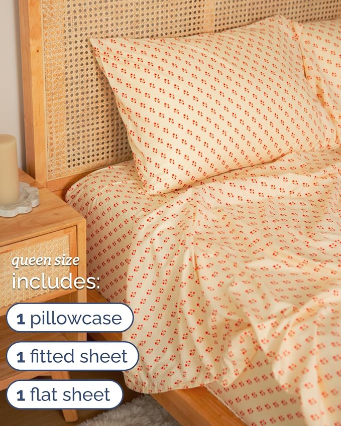 Queen 4 Piece Floral Sheet Set - Breathable & Cooling - Cherry Blossom Dot | 1 Flat, 1 Fitted & 2 Pillowcases w/ Deep Pockets, Boho Botanical Floral Bedding, Breathable & Cooling, Wrinkle & Fade Free