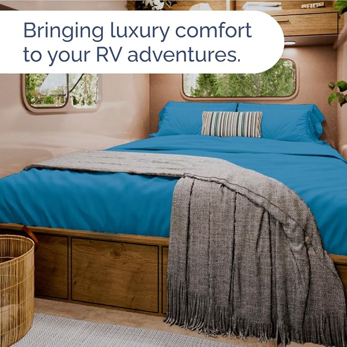 Short Queen Size 4 Piece Bed Sheet Set - RV Short Queen Sheets - Denim Blue | Ultra-Soft, Breathable & Cooling Bed Sheets Set with Deep Pockets, Hotel Luxury Bedding for Women & Men, Wrinkle & Fade Free