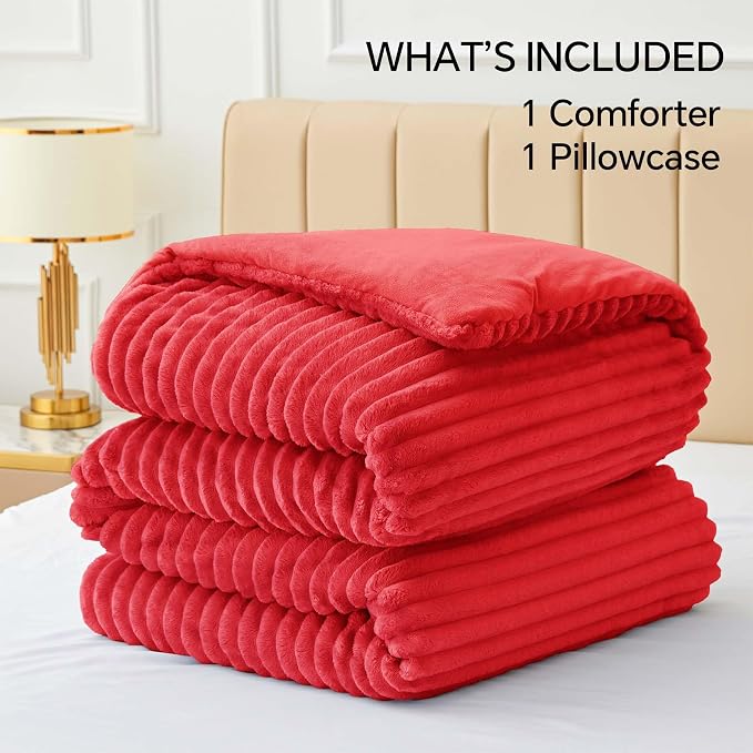 BEDELITE Fleece Twin/Twin XL Comforter Set, Fluffy Bed Set, Red | Super Soft & Warm Bedding, Luxury Fuzzy Faux Fur Comforter for Winter, Heavy Plush Bedding, with 1 Pillowcase