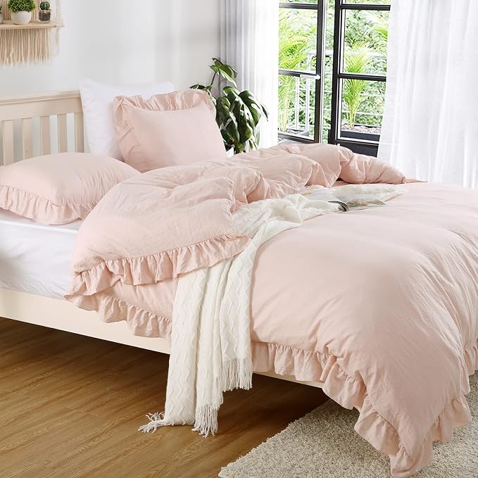 CAROMIO Ruffle Duvet Cover King Size, 3PCS Soft Washed Microfiber Vintage French Country Duvet Cover Set with Button Closure, Pink, 104x90 in