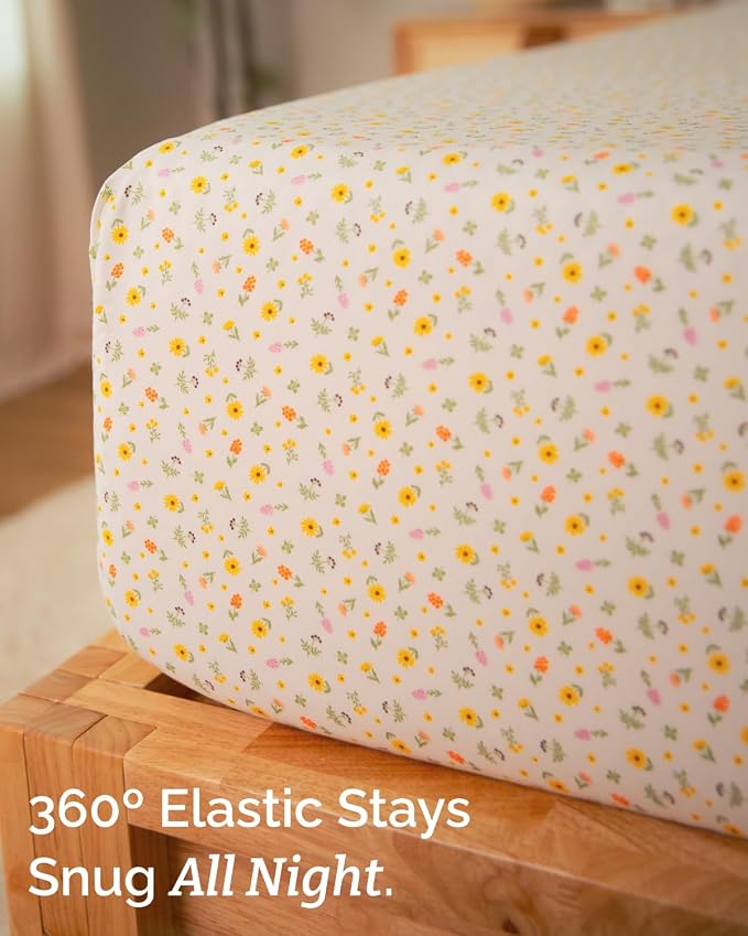 King 4 Piece Floral Sheet Set - Soft, Breathable & Cooling - Sunshine Daisy | 1 Flat, 1 Fitted & 2 Pillowcases w/ Deep Pockets, Boho Botanical Floral Bedding, Breathable & Cooling, Wrinkle & Fade Free