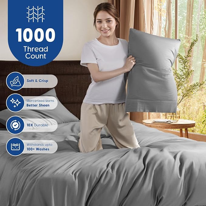 SONORO KATE 1000 Series 100% Egyptian Cotton King Duvet Cover Set,3PC | Long Staple Cotton,Sateen Weave,Soft,Breathable,Luxury Hotel Bedding,All-Season,Hidden Zipper Closure,Grey