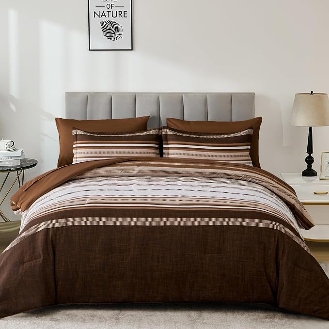 Dobuyly Fall Brown Comforter Queen Size 7 Pieces, Boho Striped Bed in a Bag Set, Soft Microfiber Bedding Set with Comforter, Sheets, Pillowcases & Shams