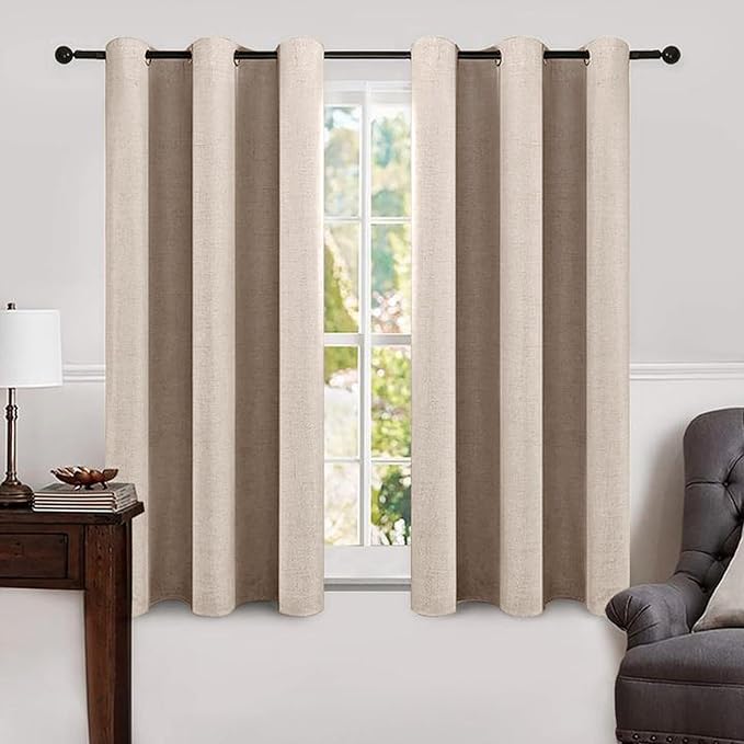 MIULEE 100% Blackout Linen Curtains for Bedroom 42x45 Inches Natural Beige | Room Darkening, Light Blocking, Thermal Insulated, Grommet Top, Linen Textured, Window Curtains for Living Room, 2 Panels