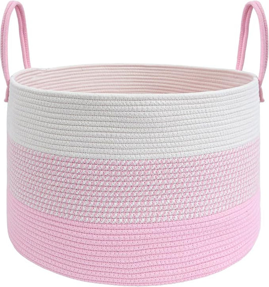 JMvicyroam 115L Extra Large Blanket Basket for Living Room - Woven Cotton Rope Laundry Hamper with Reinforced Handles - Storage Bin for Pillows, Comforters & Toys - Machine Washable,White&Pink Mix