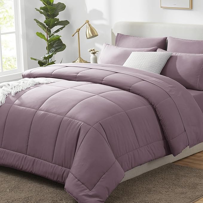 Full Size Comforter Sets Dusty Purple - 7 Pieces Bed in a Bag | OEKO-TEX Certified, All-Season, Bedroom, Guest Room, Down-Alternative Comforter + Flat & Fitted Sheets + 4 Pillowcases