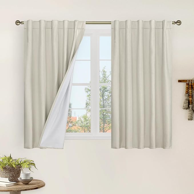 54 Inch Natural 100% Blackout Linen Curtains with White Liner, Stone | Linen Textured, Privacy Protected, Curtains for Bedroom, Window, Rod Pocket Back Tab, Neutral Drapes, 2 Panels, 42 x 54 Inch