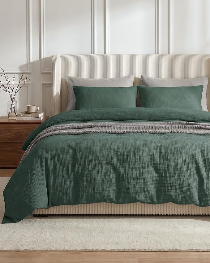 SE SOFTEXLY Muslin Duvet Cover King Size, 100% Washed Cotton Duvet Cover Set, Ultra Soft Comforter Cover Linen Like, 3 Pieces Minimalist Gauze Duvet Cover with 2 Pillowcases, 90"x104", Forest Green
