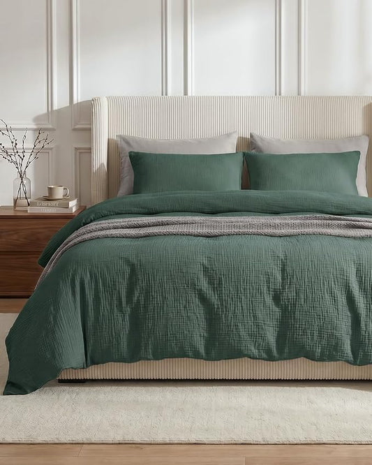 SE SOFTEXLY Muslin Duvet Cover King Size, 100% Washed Cotton Duvet Cover Set, Ultra Soft Comforter Cover Linen Like, 3 Pieces Minimalist Gauze Duvet Cover with 2 Pillowcases, 90"x104", Forest Green