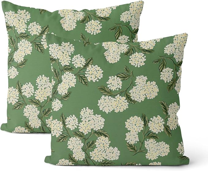 Sage Green Spring Pillow Covers 18x18 Inch 2 Pcs Yellow Hydrangea Flower Decor Throw Pillows Vintage Floral Seasonal Summer Outdoor Decoration Pillowcase Linen Cushion Cover for Couch Sofa