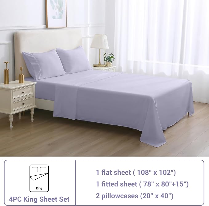 Softan Microfiber King Sheet Set with Non-Slip Corner Straps, Voilet | 15" Deep Pocket Fitted Bed Sheets, Double Brushed Microfiber, Sheets & Pillowcase for All Season