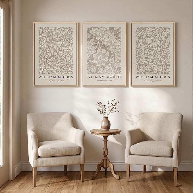 Large Framed Neutral William Morris Botanical Canvas Wall Art, Set of 3 | Boho beige, Abstract floral, Vintage, Farmhouse decor, 30x60 inch, Living room, Bedroom, Hallway, Office decor