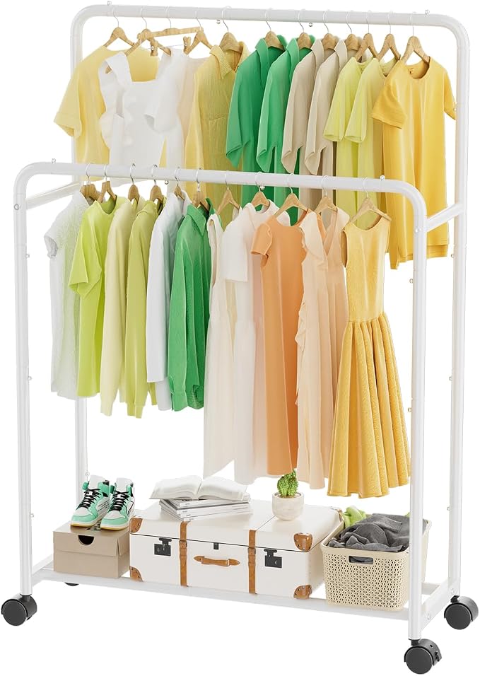 Simple Trending Clothing Clothes Rack, Double Rod Garment Rack, White | Portable Closet with Bottom Shelf, Anti-Slip Stoppers, 360° Lockable Wheels, Multiple Uses, Bedroom, Laundry Room