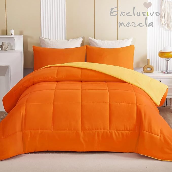 Exclusivo Mezcla Reversible Soft Queen Comforter Set, 3 Pieces | Orange/ Yellow Lightweight Microfiber Down Alternative Comforters, All-Season Bedding with 2 Pillow Shams