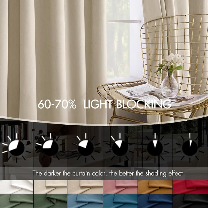 MIULEE Velvet Curtains 50W x 90L 2 Panels Beige Blackout Curtains | Luxury velvet fabric, pinch pleat design, back tab hooks, thermal insulated, blackout light blocking, for living room bedroom