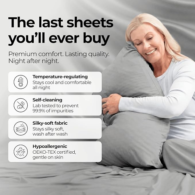 Silvery Silver Infused Bed Sheets Set - Ultra-Soft Temperature-Regulating Fabric with Self-Cleaning Technology™ that Stays Fresh 3X Longer for Hygienic Sleep