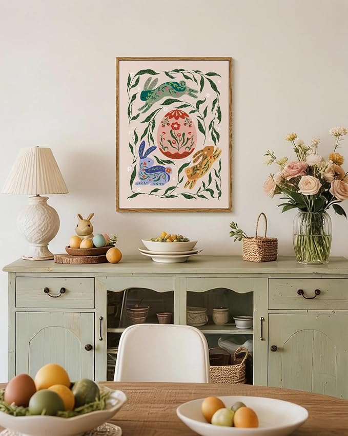 easter bunny wall art framed canvas spring rabbit print floral egg artwork nursery decor kids room woodland animal painting cottagecore wall decor farmhouse spring home decoration pastel bunny picture gift for kids