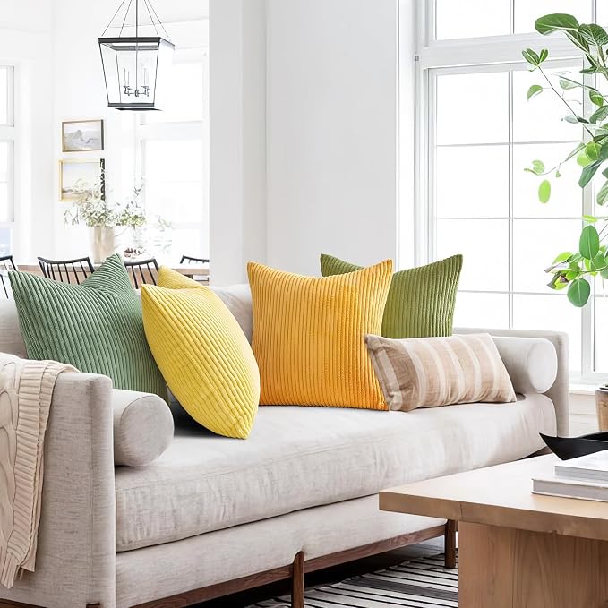 Topfinel Decorative Throw Pillow Covers 18x18 Inches Set of 4,Striped Corduroy Sage Green Yellow Color-Clash Design Cushion Cover,Pillow Case for Bedroom Couch Sofa Living Room,Summer Home Decor