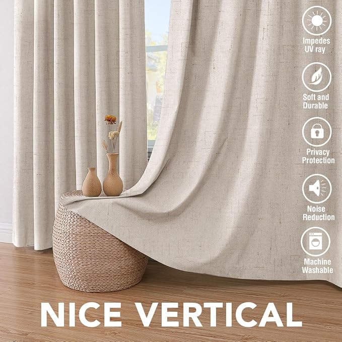 H.VERSAILTEX Linen 100% Blackout Curtains for Bedroom Light Blocking Curtains, Textured Curtains for Living Room 84 inch Grommet, White Liner Energy Efficient GRS Certified (2 Panels, Natural)