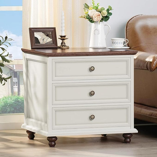 Joaxswe 24" Wide Farmhouse Night Stand,Large End Table with 3 Drawers & Metal Handle,Wood Dresser for Bedroom, White Bed Side Table Chest of Drawers Cabinet,Nightstand for Living Room,Closet