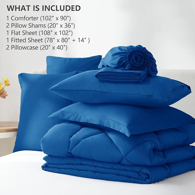 King Size Comforter Set Classic Blue - 7 Pieces Bed in a Bag | OEKO-TEX Certified, All Season, 240GSM Down-Alternative Comforter, Sheets, Pillowcases & Shams, 14" Deep Pocket, Easy Care