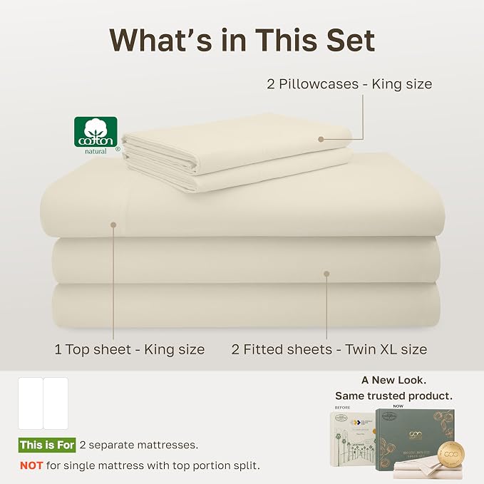 California Design Den 600 Thread Count Split King Bed Sheets, 5 Pcs, Cream | 100% Cotton Sateen, Good Housekeeping Seal, Split King Sheets Sets for Adjustable Bed with 2 Separate Twin-XL Mattresses