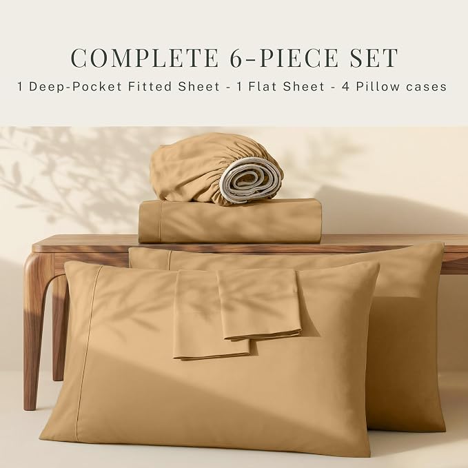 Hearth & Harbor Extra Deep Pocket Queen Sheets Sets - Fits Mattress 18-24 Inches Deep - Extra Deep Pocket Sheets - 6 Piece Queen Size - Camel