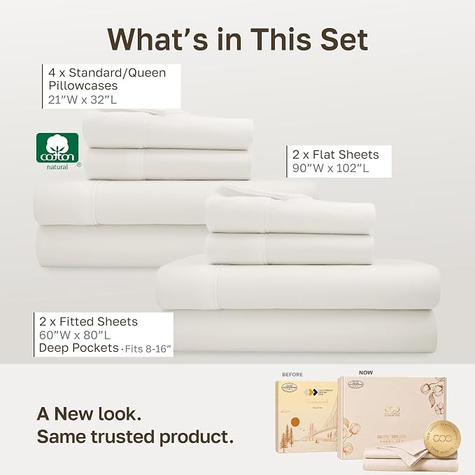 California Design Den 2-Pack 100% Cotton Sateen Queen Size Sheet Set | 400 Thread Count Backed by Good Housekeeping Seal, 16" Deep Pocket, All-Around Elastic, Easy Care - Ivory (Pale Tone)