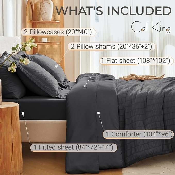 7 Pieces California King Comforter Set, Seersucker Bed in a Bag Cal King Size, All Season Luxury Bedding Set with Comforter, Flat Sheet, Fitted Sheet, Pillowcases & Shams, Dark Grey