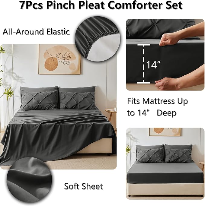 HIMEET Queen Comforter Set Dark Grey - 7 Pieces Pintuck Bed in a Bag | OEKO-TEX Certified, 240GSM Down Alternative Comforter, 14" Deep Pocket Fitted Sheet + Flat Sheet + 2 Pillowcases + 2 Shams