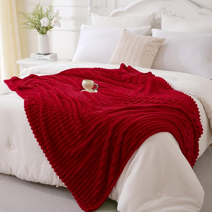 Red Fleece Throw Blanket 108”×90” for Couch Sofa Livingroom | Super Soft Cozy Plush Microfiber Flannel Bed Blanket Striped Design Lightweight Home Decor Gifts for Adults Mom Women