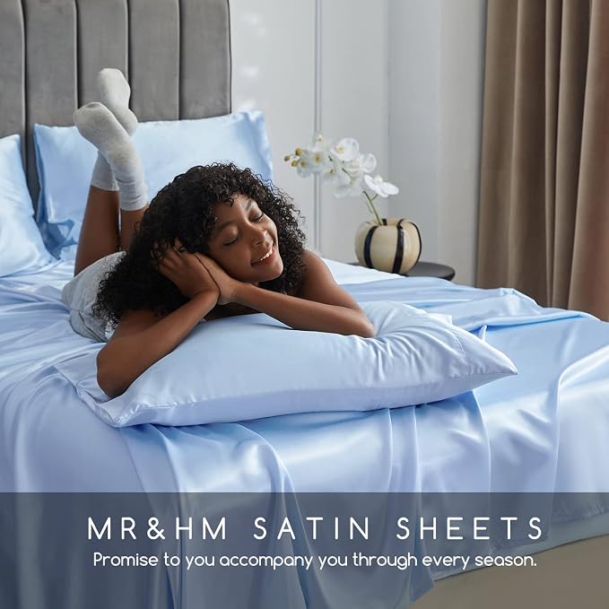 MR&HM Satin Sheets King Size with Elastic Corner Straps, Light Blue | Similar to Silk, 4-Piece Silky Soft Bed Sheet Set, Gentle on Skin and Hair, 15" Deep Pocket, Cooling & Breathable