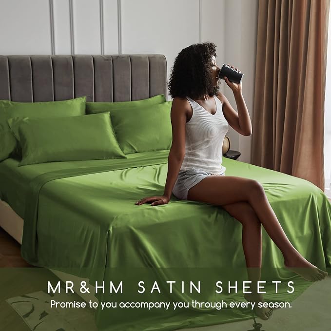 MR&HM Satin Sheets Twin XL Size with Elastic Corner Straps, Sage | Similar to Silk, 3-Piece Silky Soft Bed Sheet Set, Gentle on Skin and Hair, 15" Deep Pocket, Cooling & Breathable