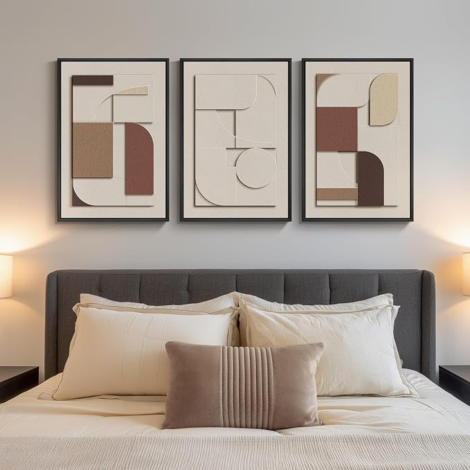 3D Textured Neutral Abstract Framed Wall Art Set of 3, 16x24 In | Wood Frames, Brown and Cream, 3 Piece Sandstone Texture Paintings, Modern Geometric Sculptural Wall Decor Living Room Bedroom
