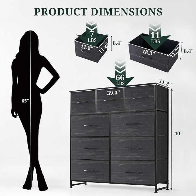 9-Drawer Dresser for Bedroom, Anti-Tip Tall Storage Organizer | Chest of Drawers with Wooden Top and Metal Frame Fabric Bins for Closet, Living Room, Hallway, Entryway, Charcoal Black