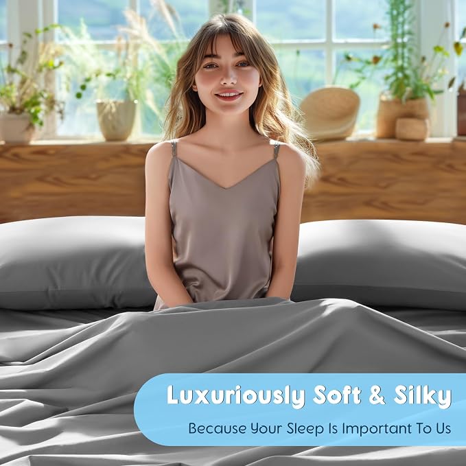 SONORO KATE 1000 Series 100% Egyptian Cotton Cal King Sheet Set,4 Pieces | Soft,Breathable Long Staple,Sateen Weave,Luxury 5-Star Hotel Bed Sheets,16" Deep Pocket,Grey