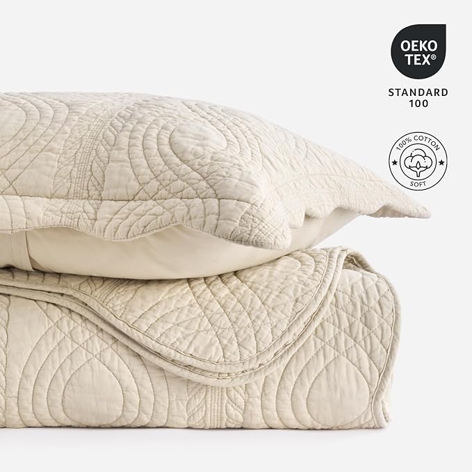 100% Cotton Scallop Quilt Set, Queen Size, Flax Beige | Scalloped Border, Timeless Chic Aesthetic, All-Season Comfort, Perfect French Country Bedroom Decor, 3 Piece Set with 2 Shams