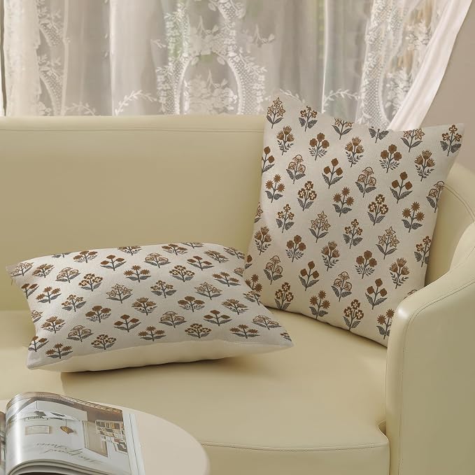 Brown Grey Pillow Covers 18x18 Inch 2 Pcs Gray Block Print Vintage Floral Decor Throw Pillows Boho Flower Spring Summer Outdoor Seasonal Decoration Pillowcase Linen Cushion Cover for Couch Sofa
