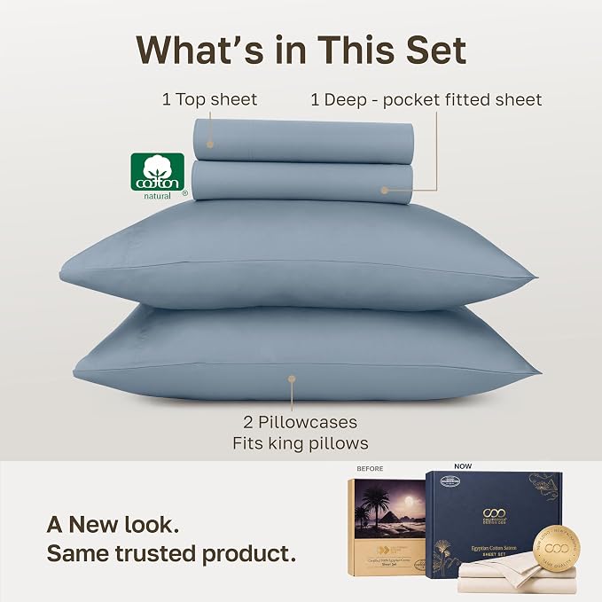 California Design Den 100% Egyptian Cotton California King Sheet Set | Backed by Good Housekeeping Seal, Light & Airy Soft Sateen, 16" Deep Pocket, All-Around Elastic, 4pc Set - Blue Hydrangea