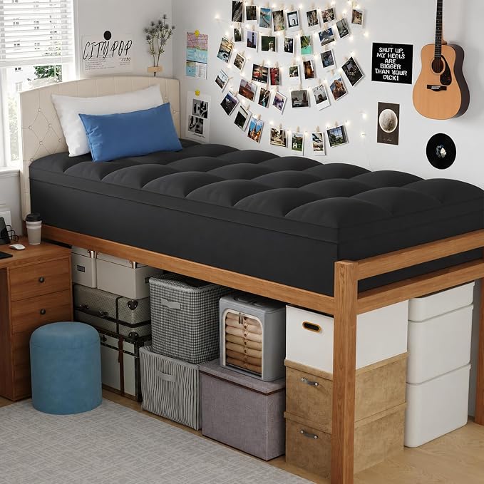 ELEMUSE Twin XL Black Mattress Topper for College Dorm, Thick Pillow Top | Extra long twin mattress pad with deep pocket, plush college dorm room essential for girls & guys, ideal for back to school