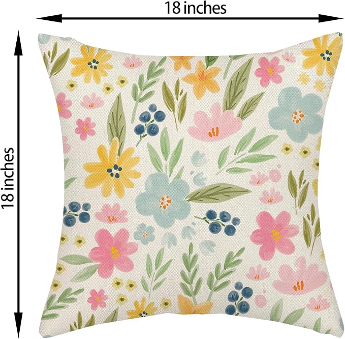 Outdoor Pillow Covers 18x18 Inch 2 Pcs Watercolor Pink Green Flower Spring Decor Throw Pillows Vintage Floral Summer Outdoor Seasonal Decoration Pillowcase Linen Cushion Cover for Couch Sofa