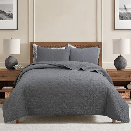 Cozy Line Home Fashions Charcoal Gray Cotton Quilt Set – 3-Piece Solid Textured Quilted Bedspread with Shams, Lightweight All Season Modern Bedding (Geometric - Gray, King - 3 piece)