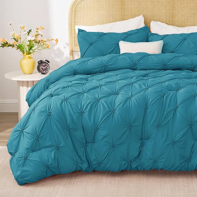 BEDELITE Twin Comforter Set Teal,Lightweight & Soft Comforter | Pintuck Boho Bedding, Warm & Cute Bed Set for All Season,With 1 Pillowcase