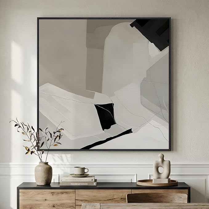 Extra Large Framed Black White Abstract Wall Art for Living Room, 40x40 In | Oversized, Canvas prints, Modern paintings, Neutral minimalist pictures, Square artwork, Dining room, Bedroom wall decor